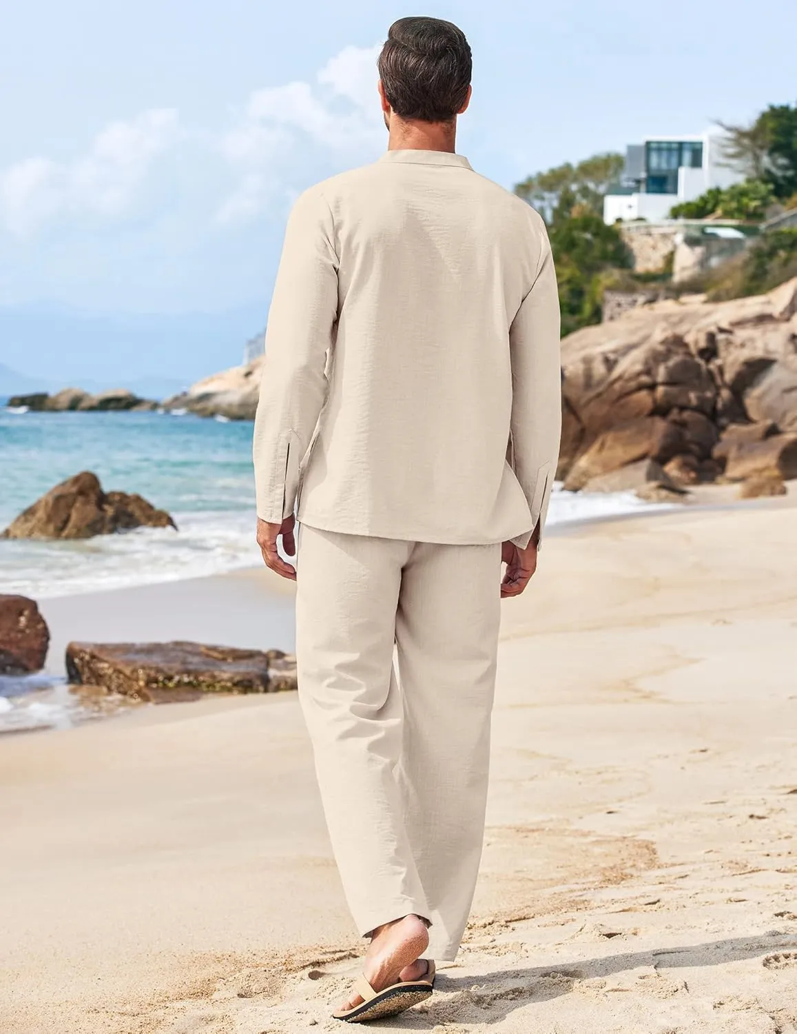 COOFANDY Men's 2 Piece Linen Set Long Sleeve Henley Shirts Casual Beach Pants With Pockets Summer Yoga Outfits