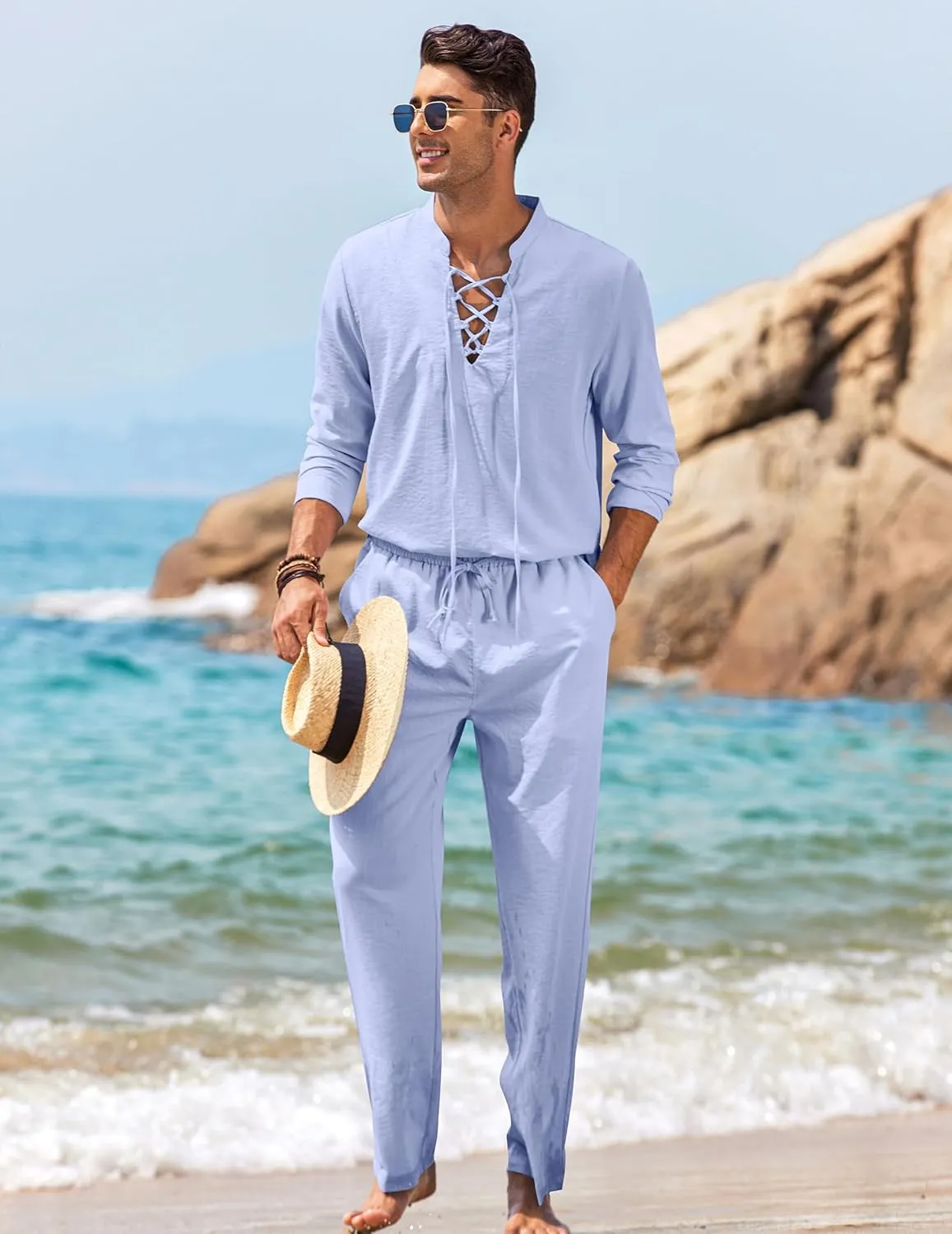 COOFANDY Men's 2 Piece Linen Set Long Sleeve Henley Shirts Casual Beach Pants With Pockets Summer Yoga Outfits