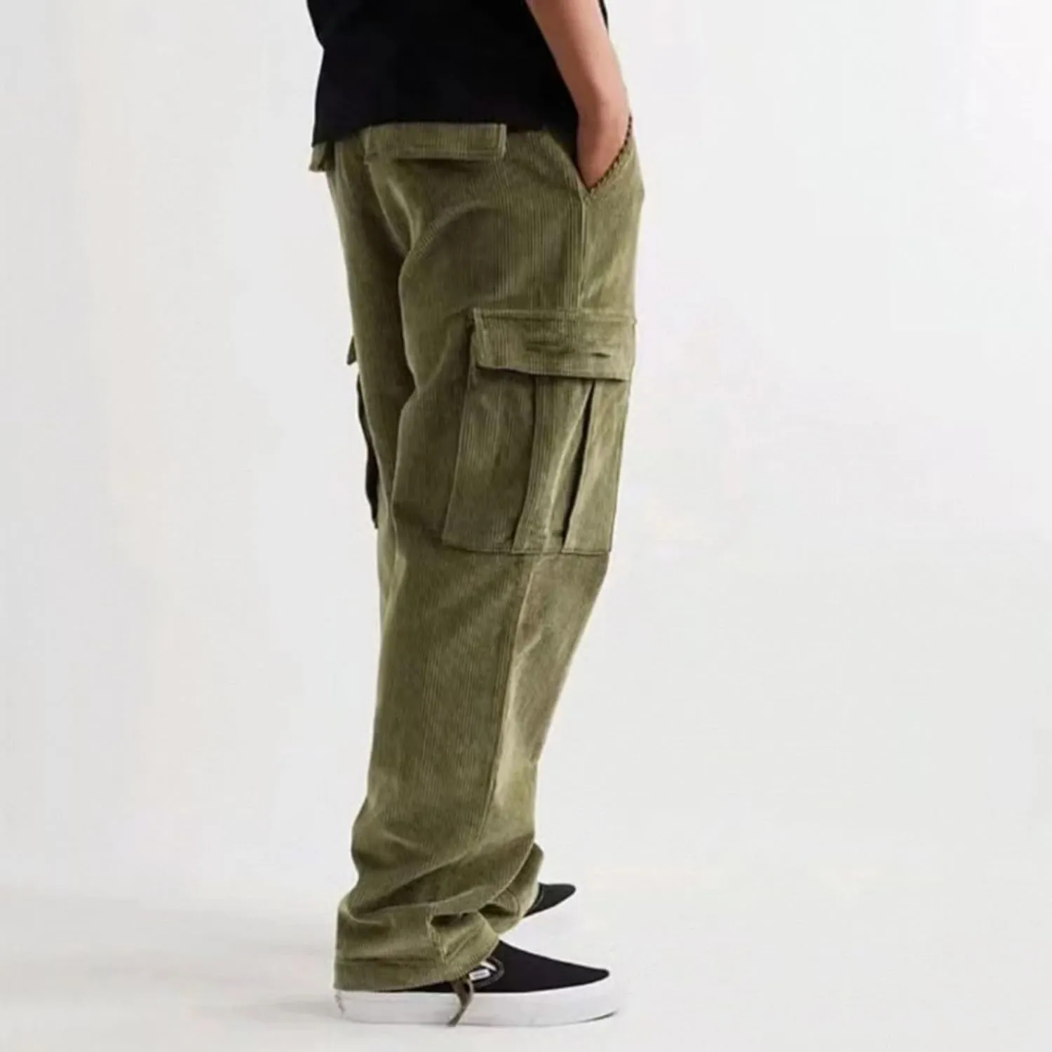 Corduroy Cargo Pants Men Baggy Wide Leg Sweatpants Basic Joggers Elastic Drawstring Lightweight Trousers 2025 Slacks