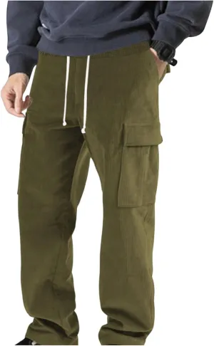 Corduroy Cargo Pants Men Baggy Wide Leg Sweatpants Basic Joggers Elastic Drawstring Lightweight Trousers 2025 Slacks