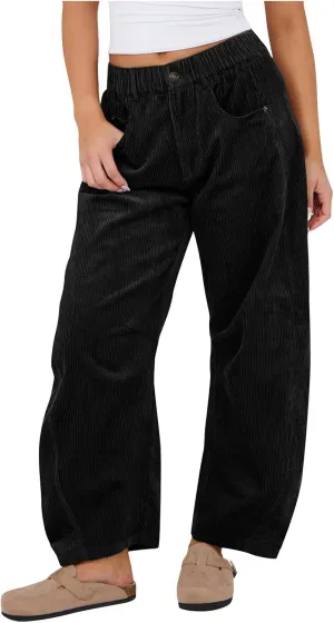Corduroy Pants for Women Casual Straight Leg High Waist Loose Long Pants Solid Color Comfy Baggy Trousers with Pockets