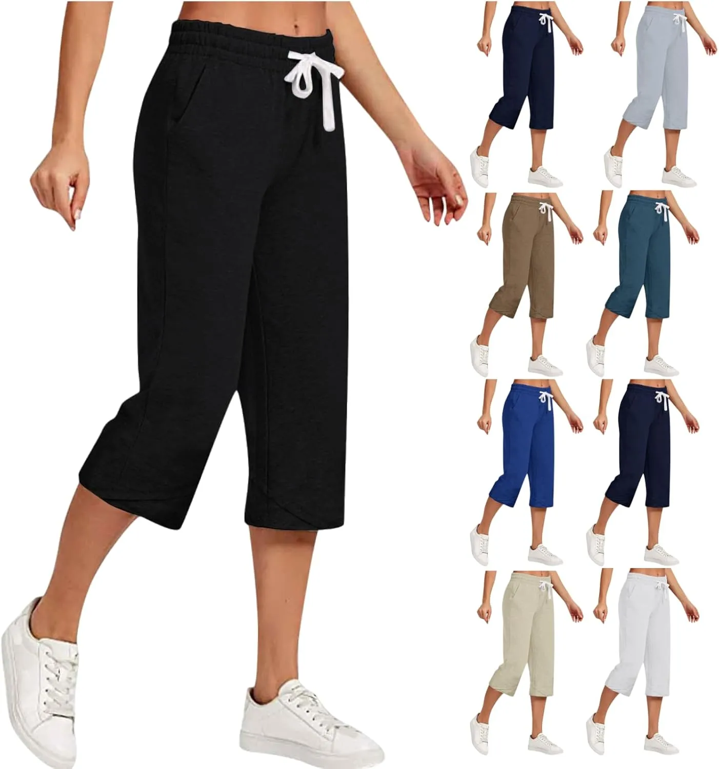 Cotton Linen Capri Pants for Women Casual Summer Wide Leg Pants Drawstring Stretch Yoga Capris Lounge Cropped Pants