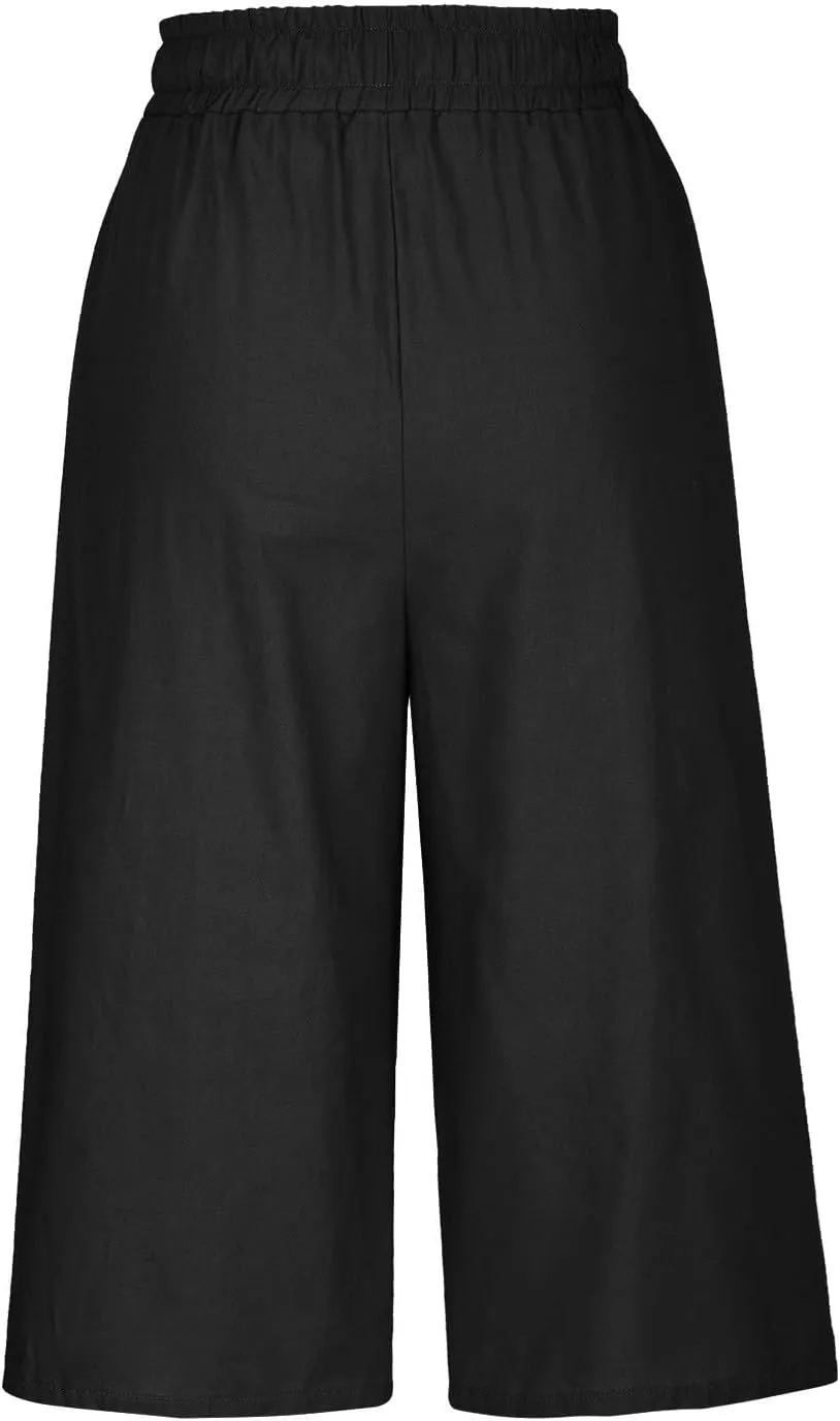 Cotton Linen Capri Pants for Women Casual Summer Wide Leg Pants Drawstring Stretch Yoga Capris Lounge Cropped Pants