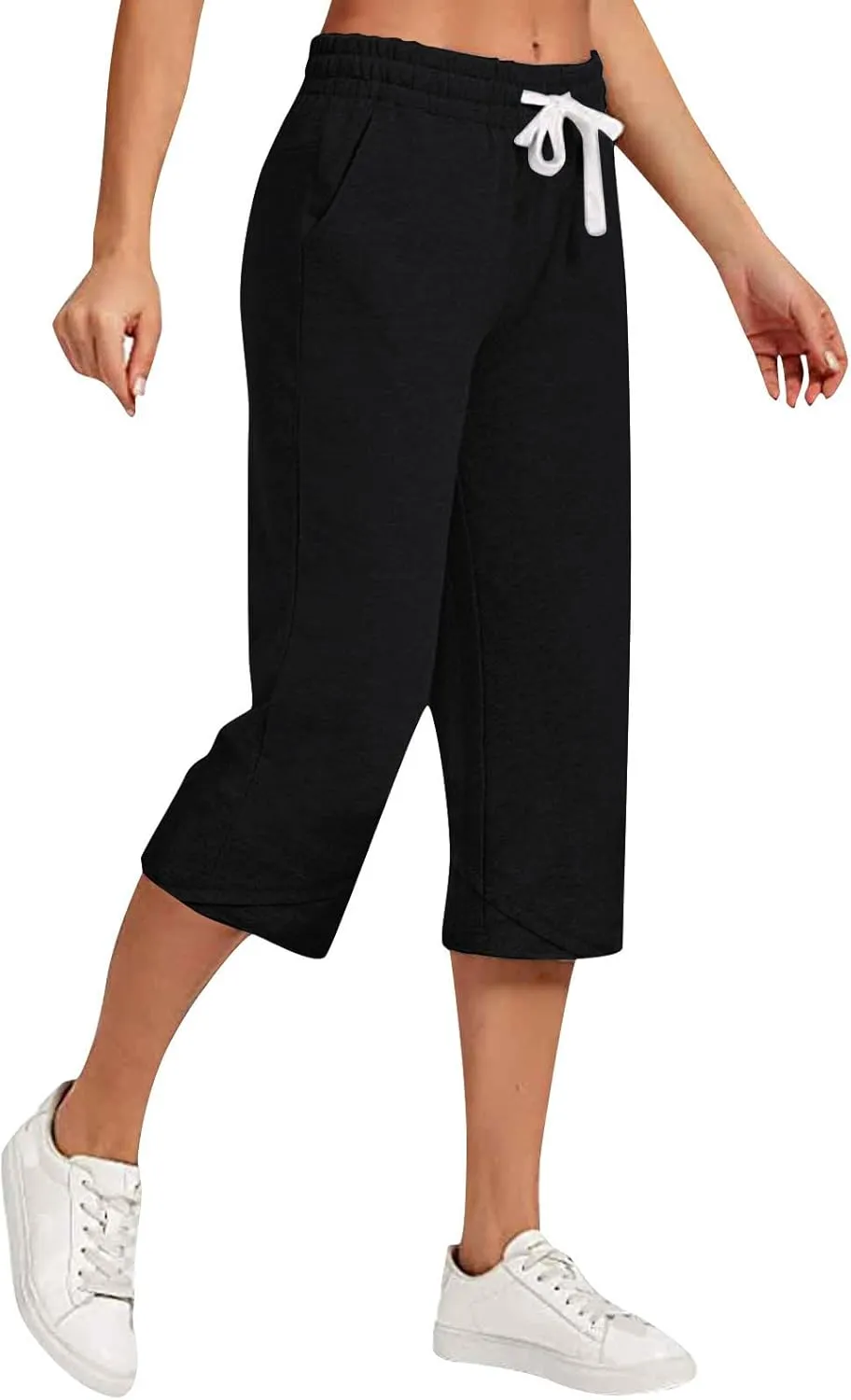 Cotton Linen Capri Pants for Women Casual Summer Wide Leg Pants Drawstring Stretch Yoga Capris Lounge Cropped Pants