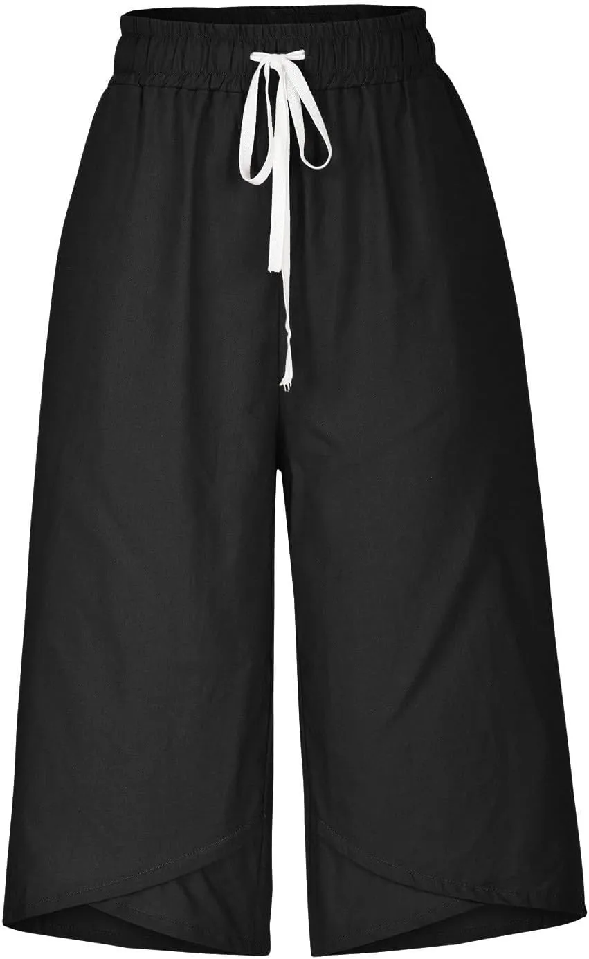 Cotton Linen Capri Pants for Women Casual Summer Wide Leg Pants Drawstring Stretch Yoga Capris Lounge Cropped Pants
