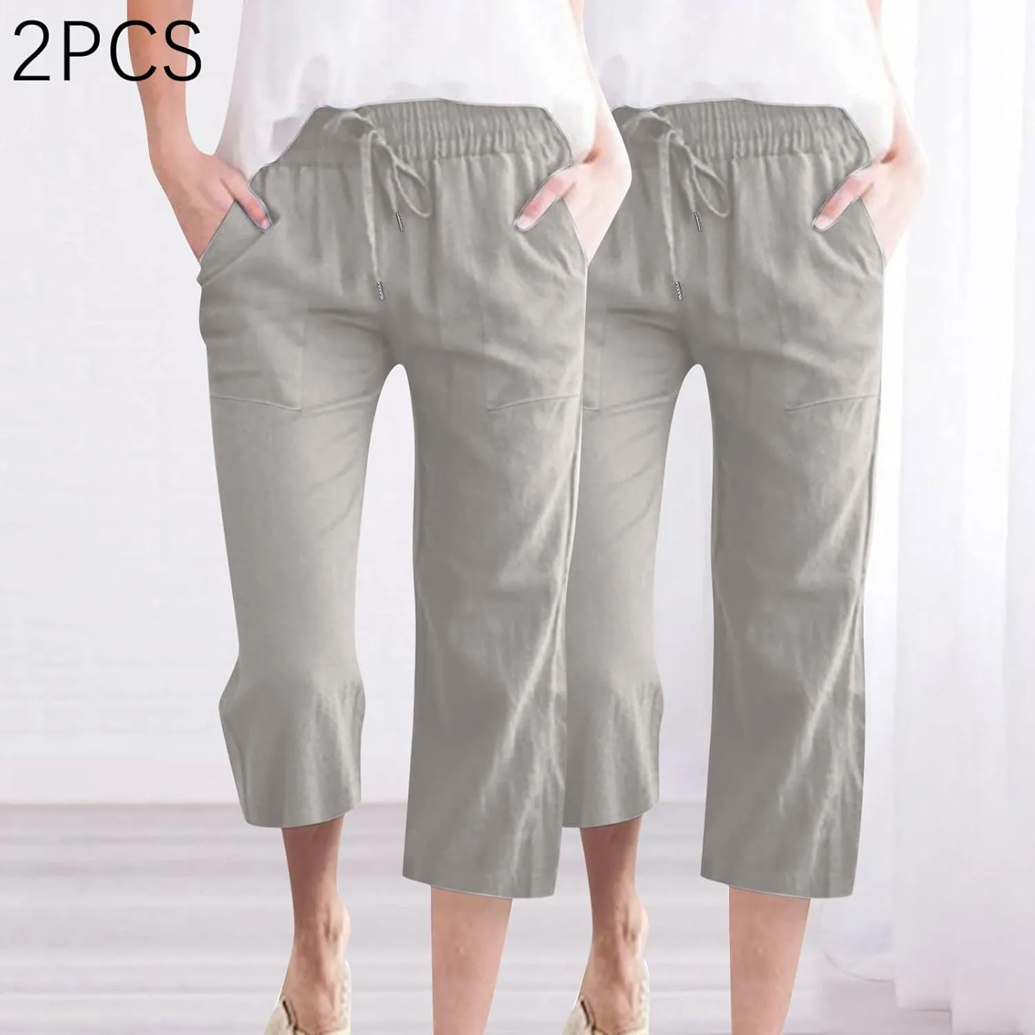 Cotton Linen Capri Pants for Women Fall Casual Capris Drawstring Elastic High Waist Pant Leg Cropped Trouser 2 Pack