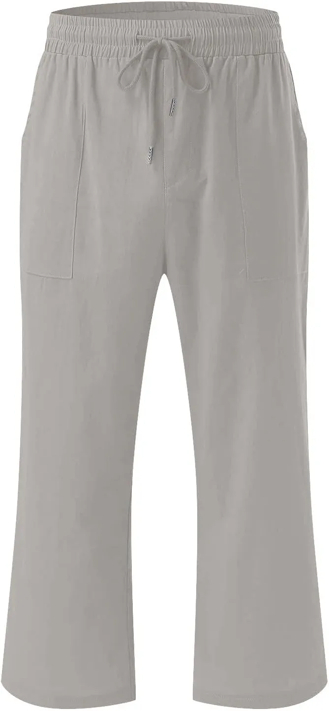 Cotton Linen Capri Pants for Women Fall Casual Capris Drawstring Elastic High Waist Pant Leg Cropped Trouser 2 Pack