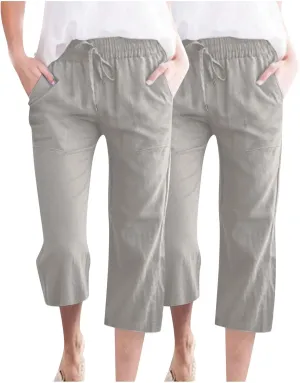 Cotton Linen Capri Pants for Women Fall Casual Capris Drawstring Elastic High Waist Pant Leg Cropped Trouser 2 Pack