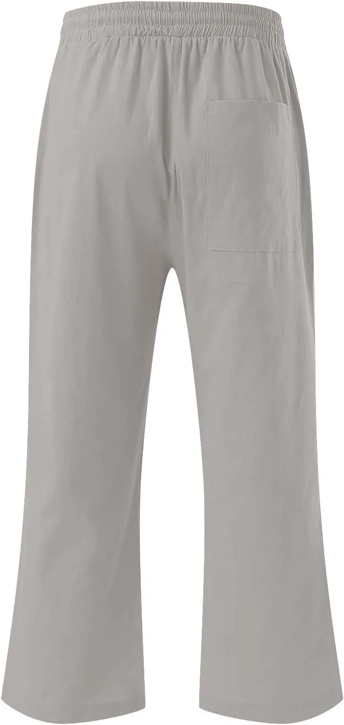 Cotton Linen Capri Pants for Women Fall Casual Capris Drawstring Elastic High Waist Pant Leg Cropped Trouser 2 Pack