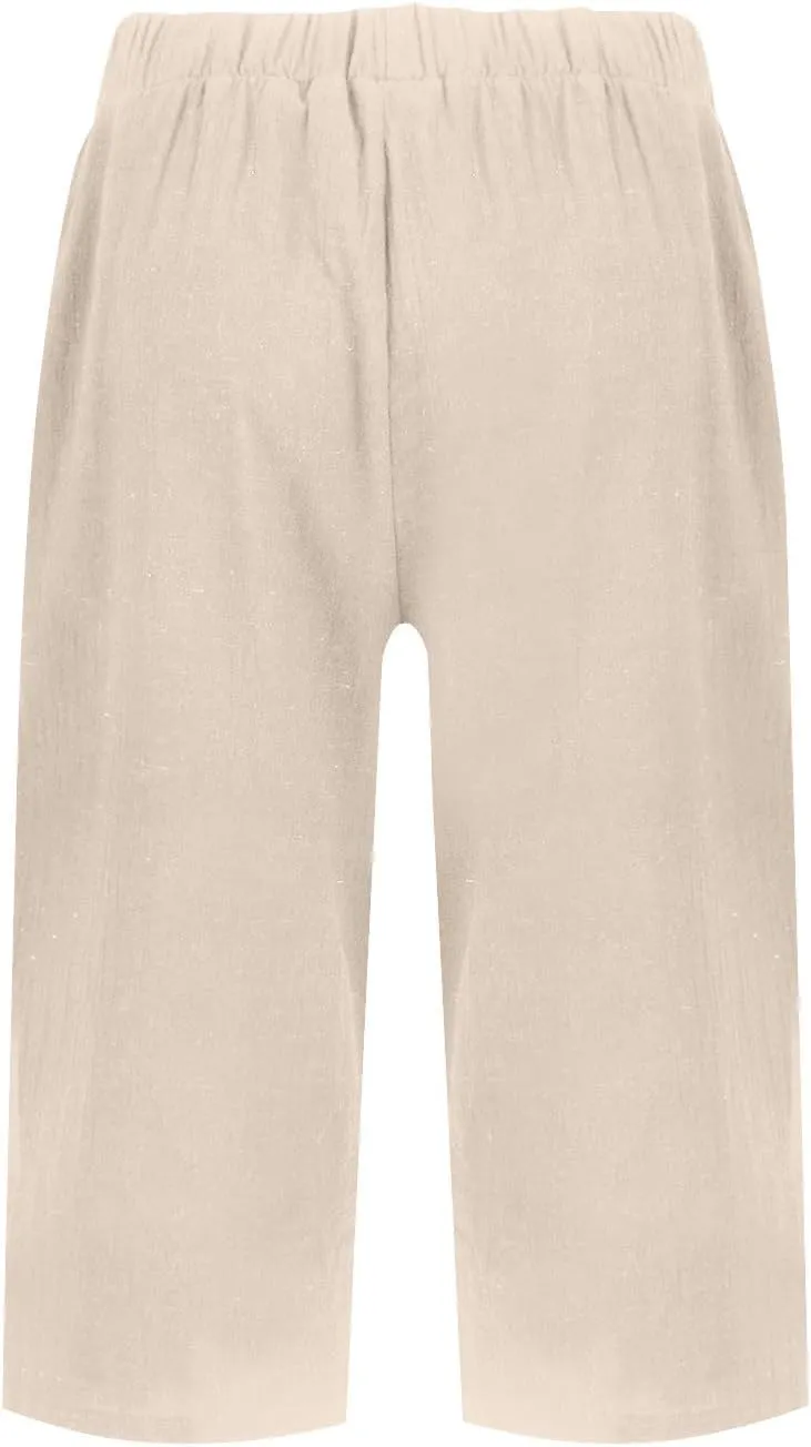 Cotton Linen Capri Pants for Women Trendy Summer High Waisted Lounge Pants Loose Straight Leg Trousers with Pockets