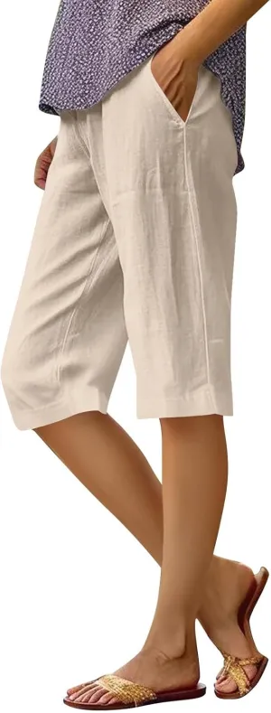 Cotton Linen Capri Pants for Women Trendy Summer High Waisted Lounge Pants Loose Straight Leg Trousers with Pockets