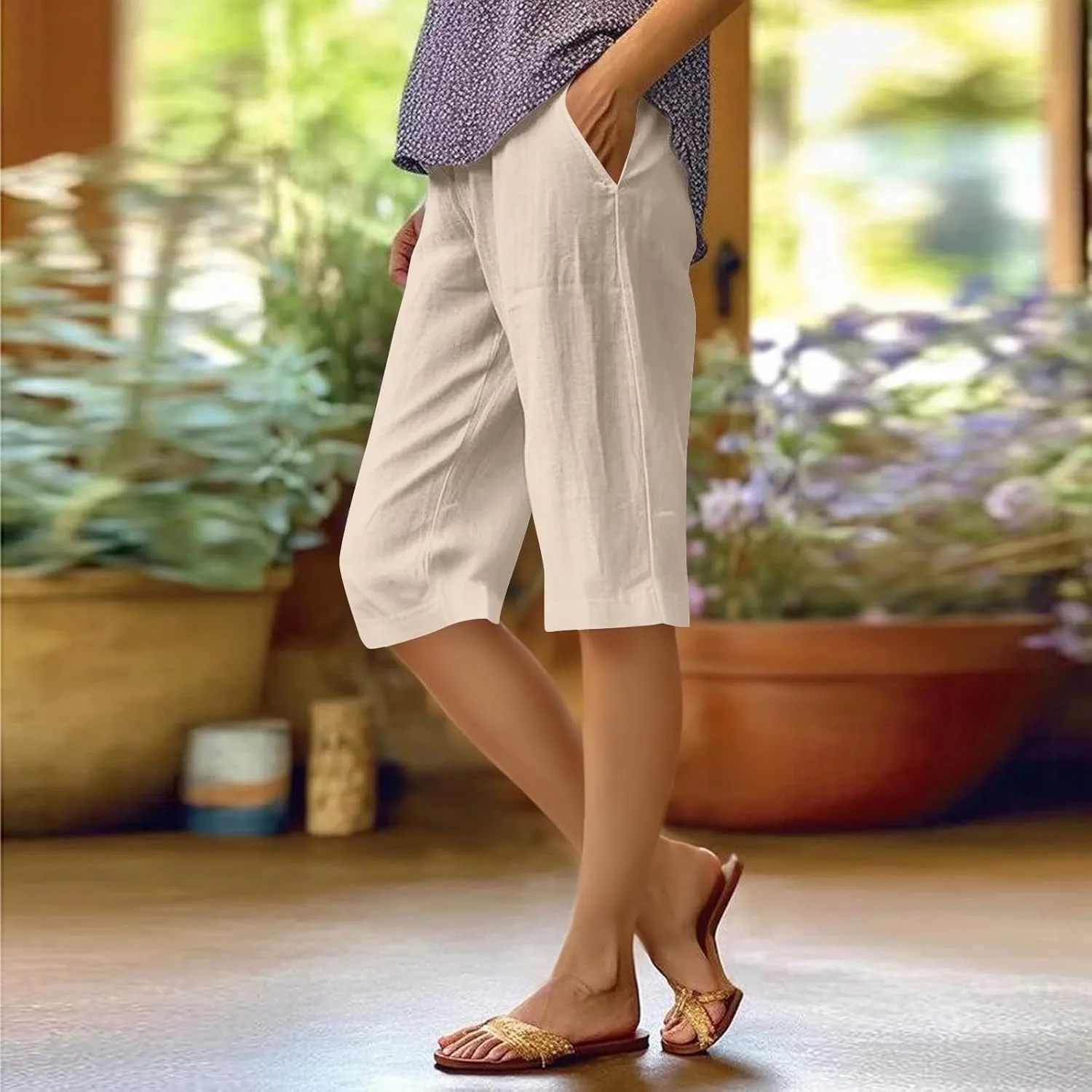 Cotton Linen Capri Pants for Women Trendy Summer High Waisted Lounge Pants Loose Straight Leg Trousers with Pockets