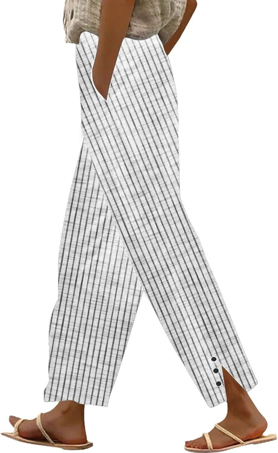 Cotton Linen Pants for Women Elastic High Waist Straight Leg Lounge Pants Summer Casual Slacks Trousers with Pockets