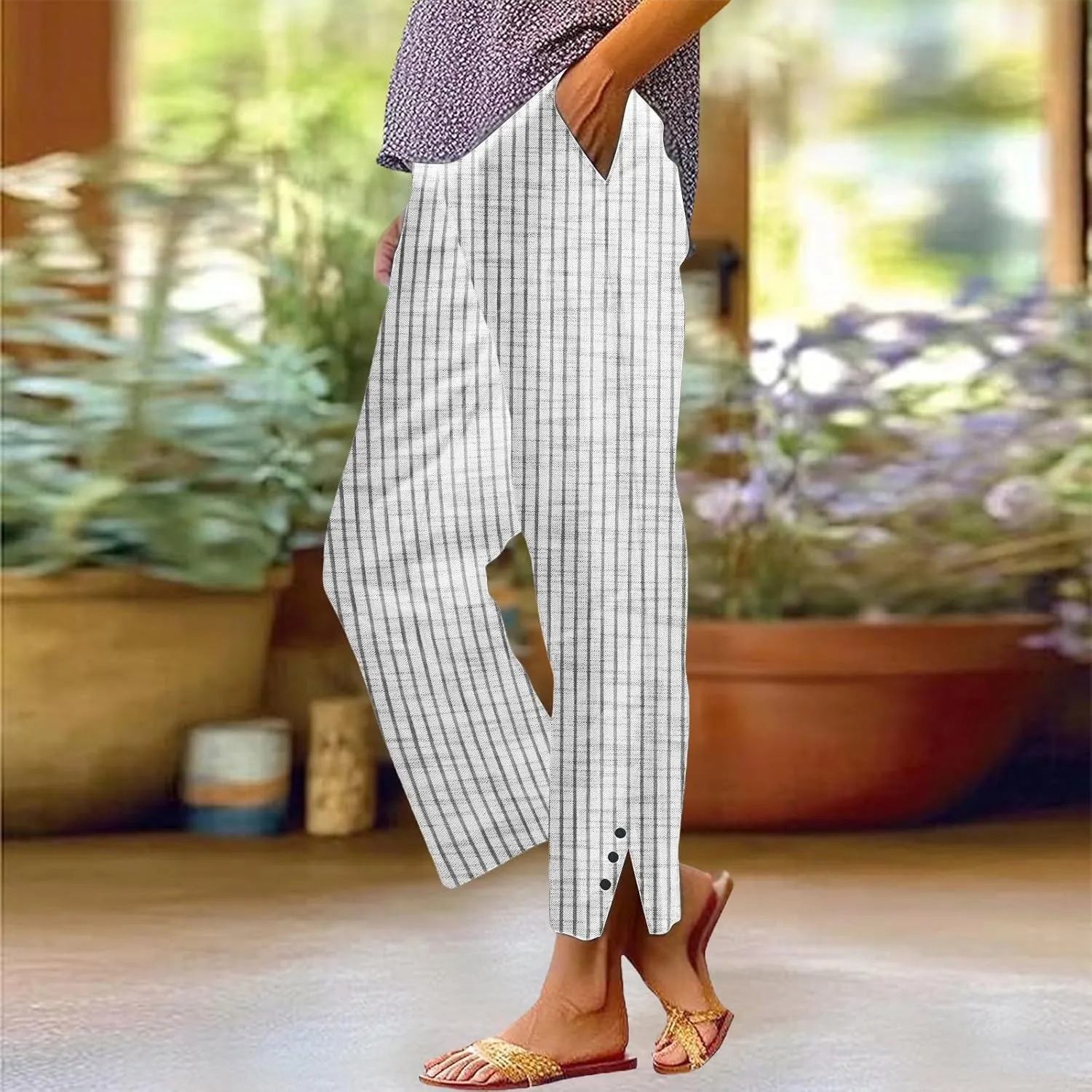 Cotton Linen Pants for Women Elastic High Waist Straight Leg Lounge Pants Summer Casual Slacks Trousers with Pockets