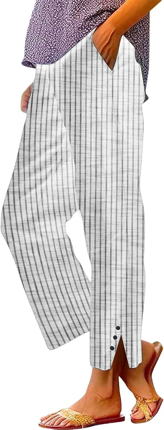 Cotton Linen Pants for Women Elastic High Waist Straight Leg Lounge Pants Summer Casual Slacks Trousers with Pockets