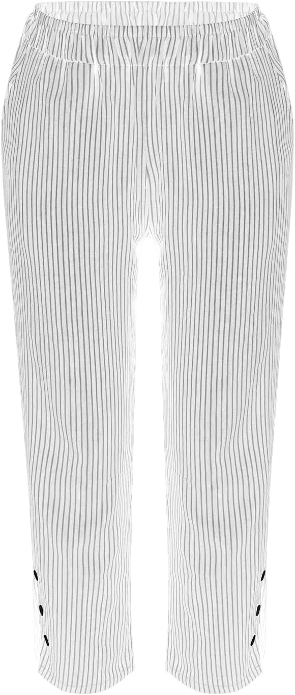 Cotton Linen Pants for Women Elastic High Waist Straight Leg Lounge Pants Summer Casual Slacks Trousers with Pockets