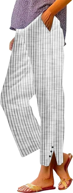 Cotton Linen Pants for Women Elastic High Waist Straight Leg Lounge Pants Summer Casual Slacks Trousers with Pockets
