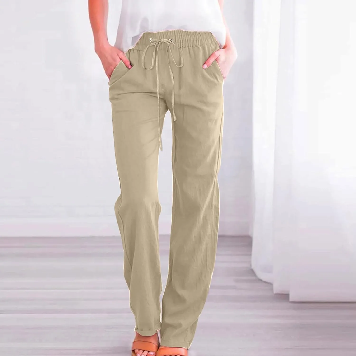 Cotton Linen Pants for Women Printed Capri Pant Plus Size Wide Leg Sweatpants Summer Cropped Elastic Waist Trousers