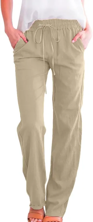 Cotton Linen Pants for Women Printed Capri Pant Plus Size Wide Leg Sweatpants Summer Cropped Elastic Waist Trousers