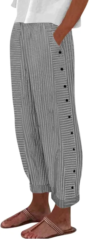 Cotton Linen Pants for Women Striped Print Side Button Pants Baggy Elastic Waist Straight Leg Trousers w Pocket