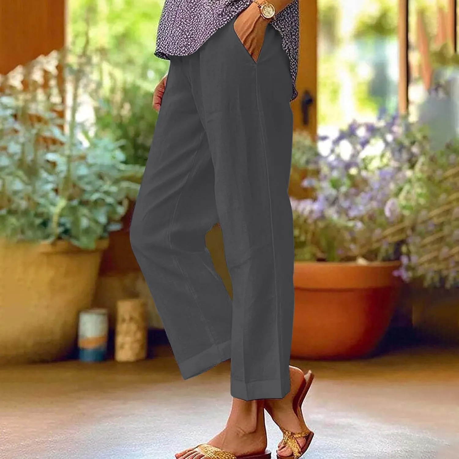 Cotton Linen Pants for Women Summer Elastic Waist Crop Pants Plus Size Straight Leg Slack Casual Trousers with Pocket