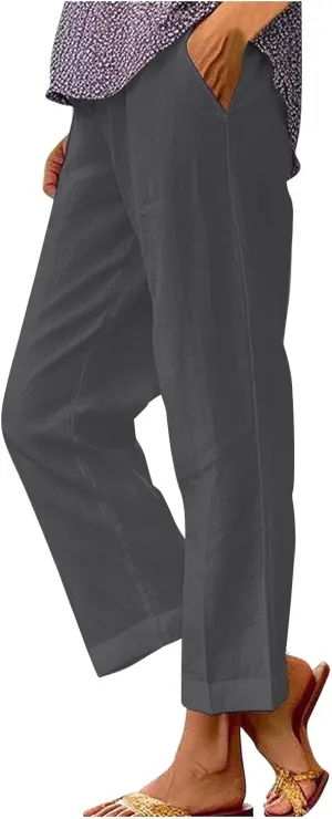 Cotton Linen Pants for Women Summer Elastic Waist Crop Pants Plus Size Straight Leg Slack Casual Trousers with Pocket