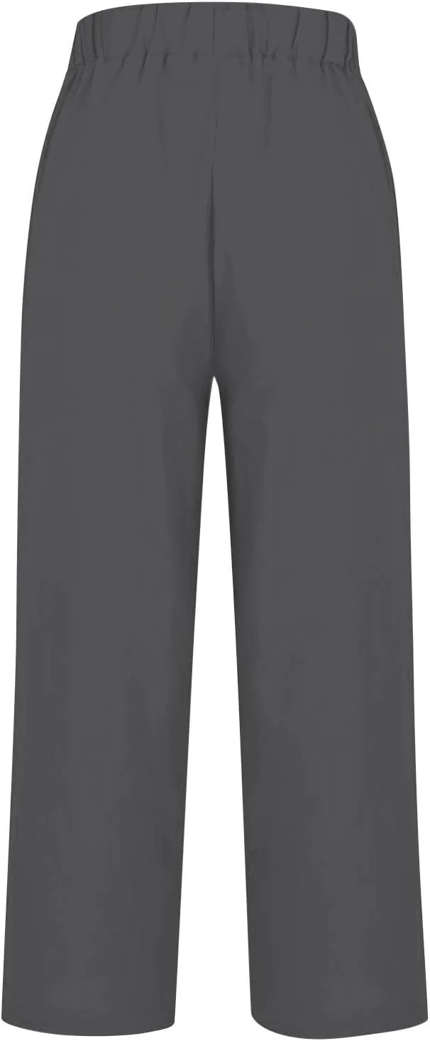 Cotton Linen Pants for Women Summer Elastic Waist Crop Pants Plus Size Straight Leg Slack Casual Trousers with Pocket