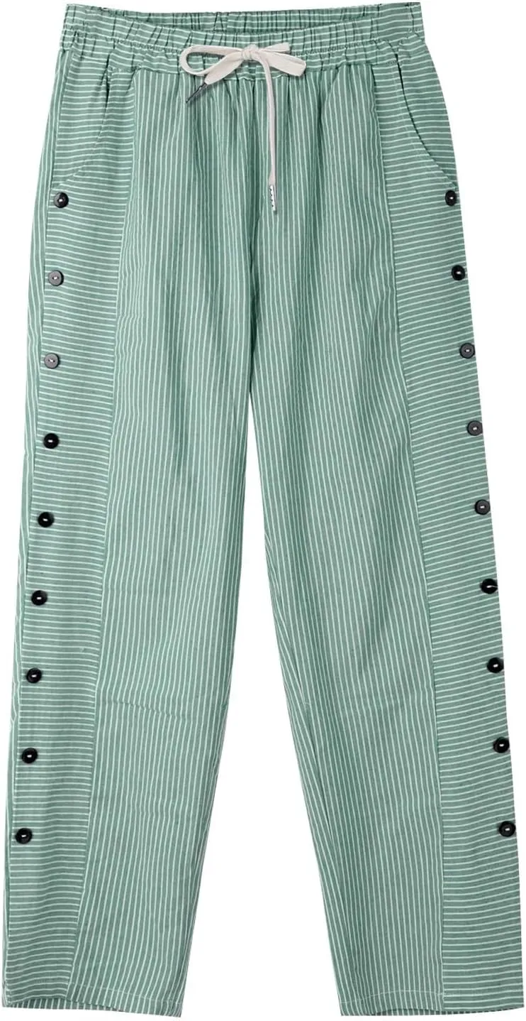 Cotton Linen Pants Women 2025 Summer High Waist Straight Leg Striped Cropped Pants Comfy Plus Size Lounge Trousers