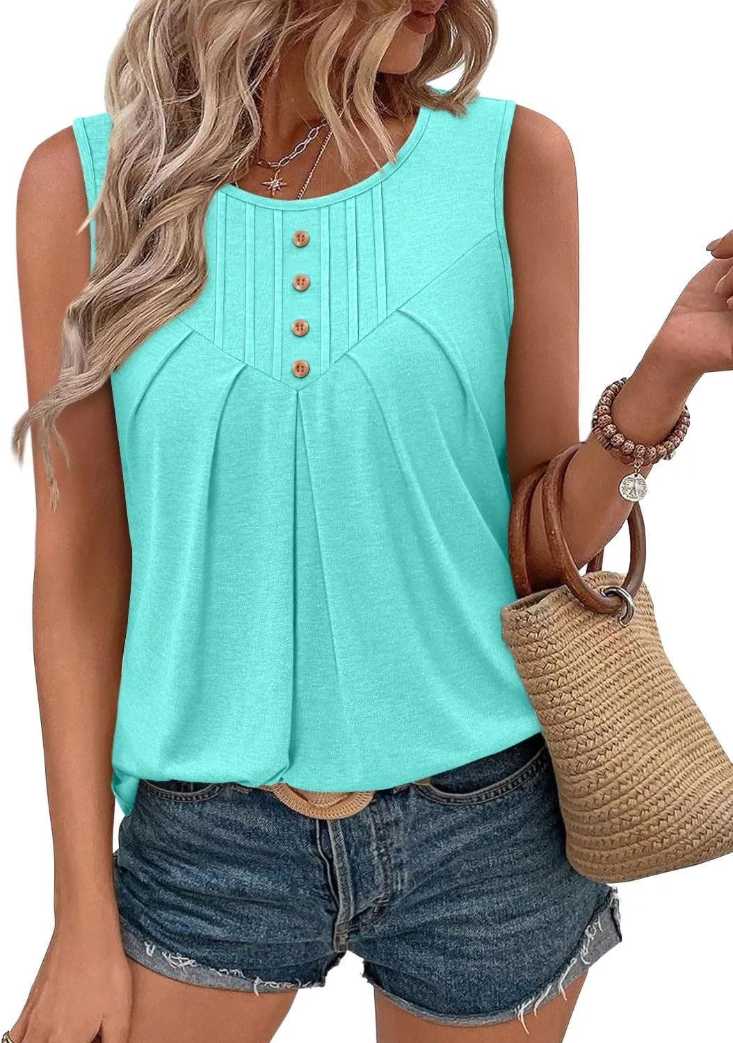CRAZY GRID Women Summer Tank Tops Round Neck Sleeeveless Folded Front Tunic Casual Outfit 2025 Basic Loose Shirts