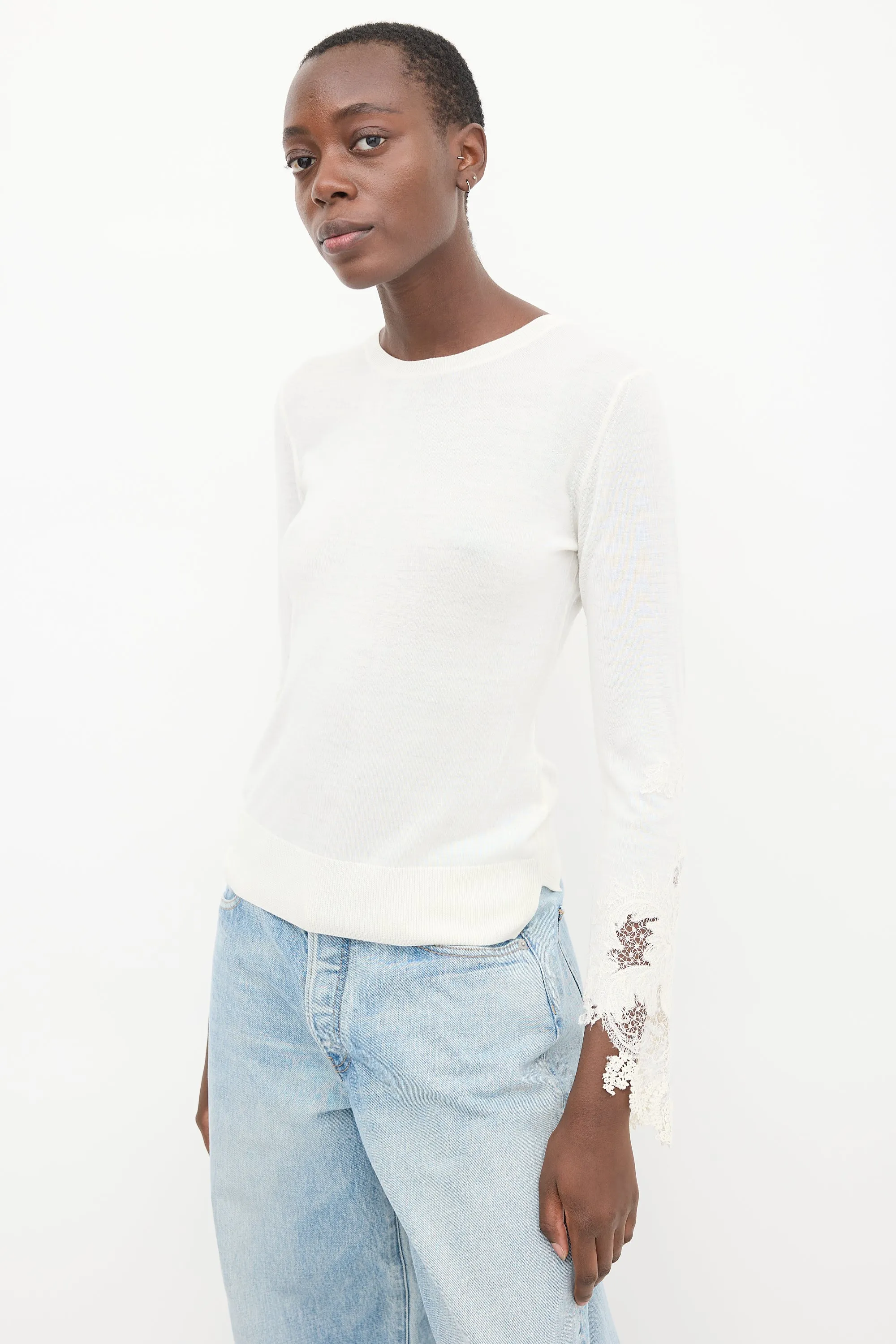 Cream Wool Knit Lace Sweater