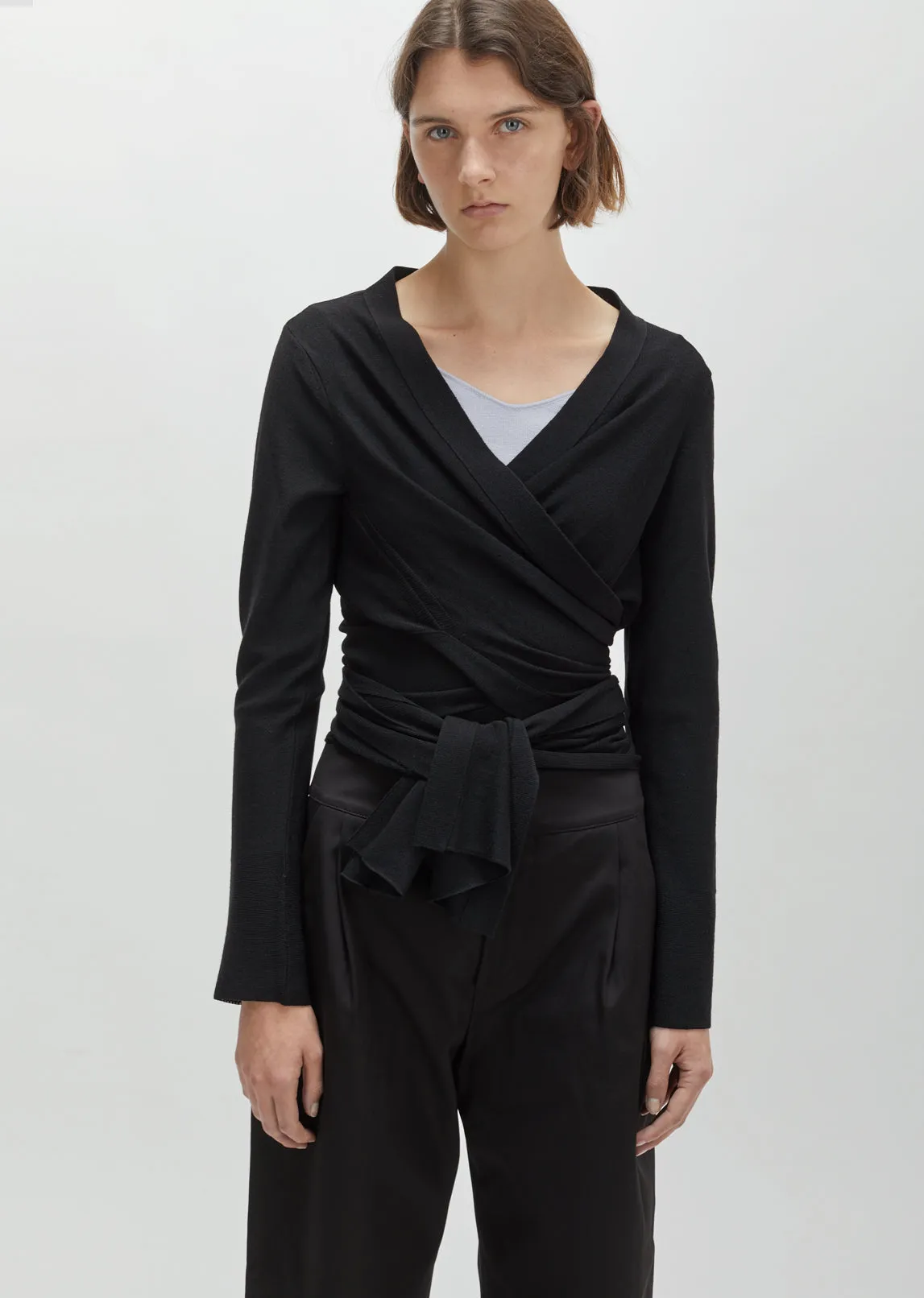 Crepe Wool Wrapover Cardigan