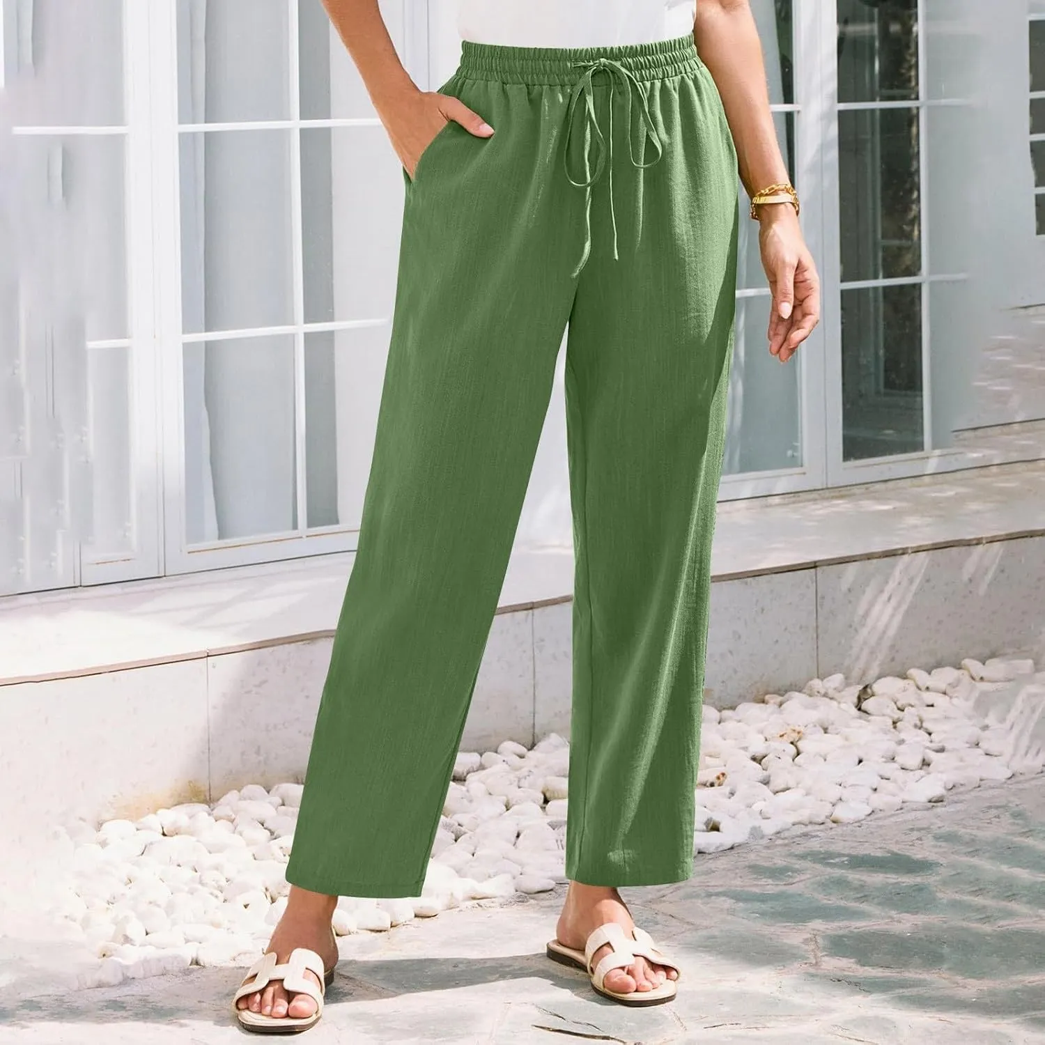 Cropped Linen Pants Women High Waist Wide Leg Casual Palazzo Pant with Pockets Beach Crop Trousers Summer Outfits