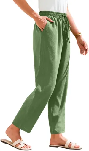 Cropped Linen Pants Women High Waist Wide Leg Casual Palazzo Pant with Pockets Beach Crop Trousers Summer Outfits