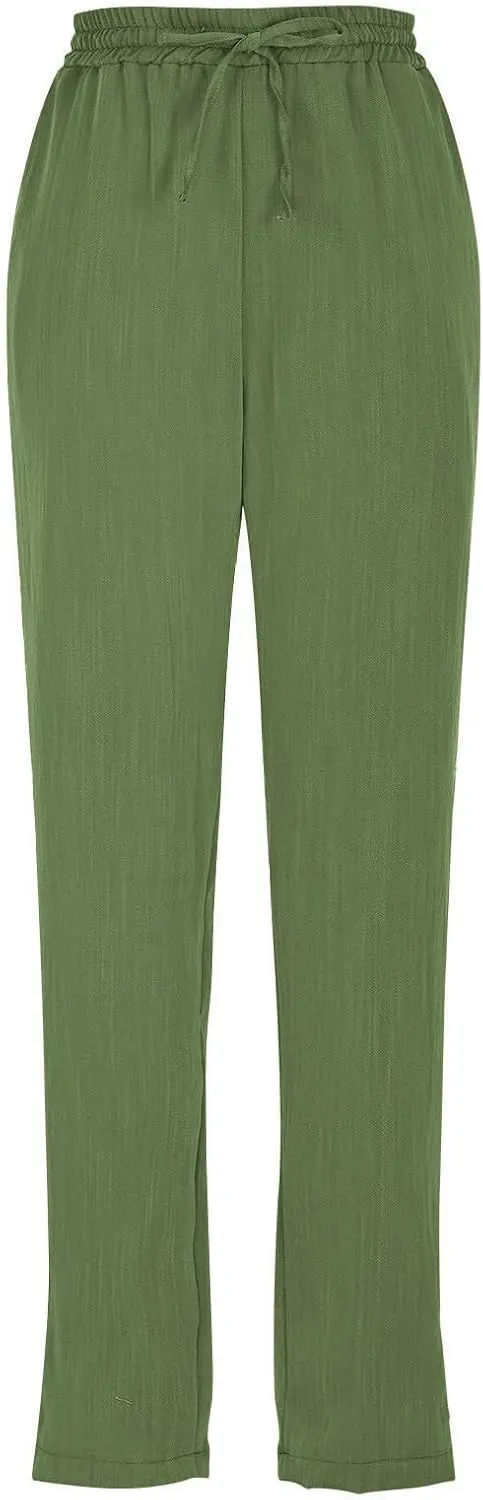 Cropped Linen Pants Women High Waist Wide Leg Casual Palazzo Pant with Pockets Beach Crop Trousers Summer Outfits