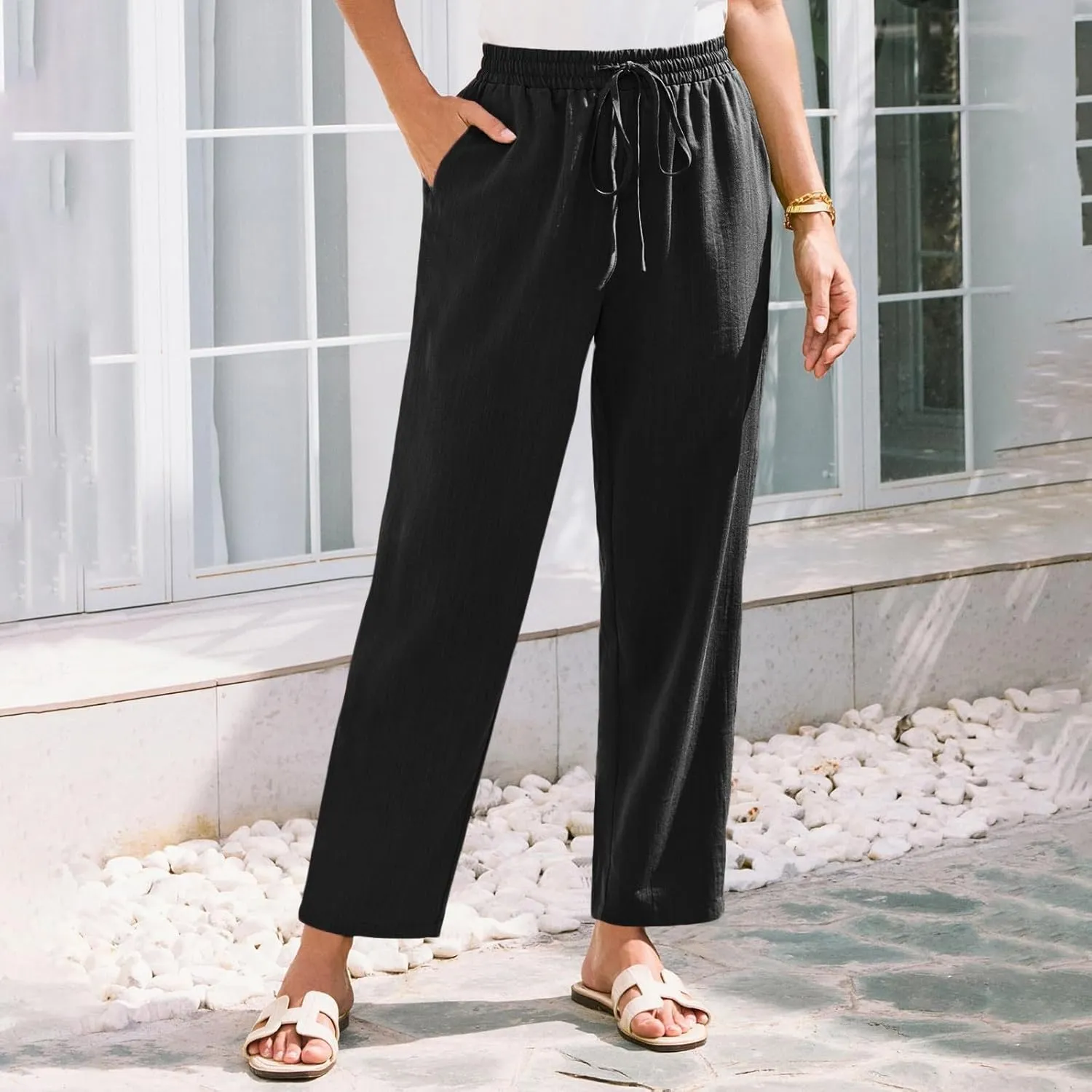 Cropped Linen Pants Women Summer Elastic Drawstring Waist Tapered Straight Leg Crop Pants Casual Beach Ankle Trousers