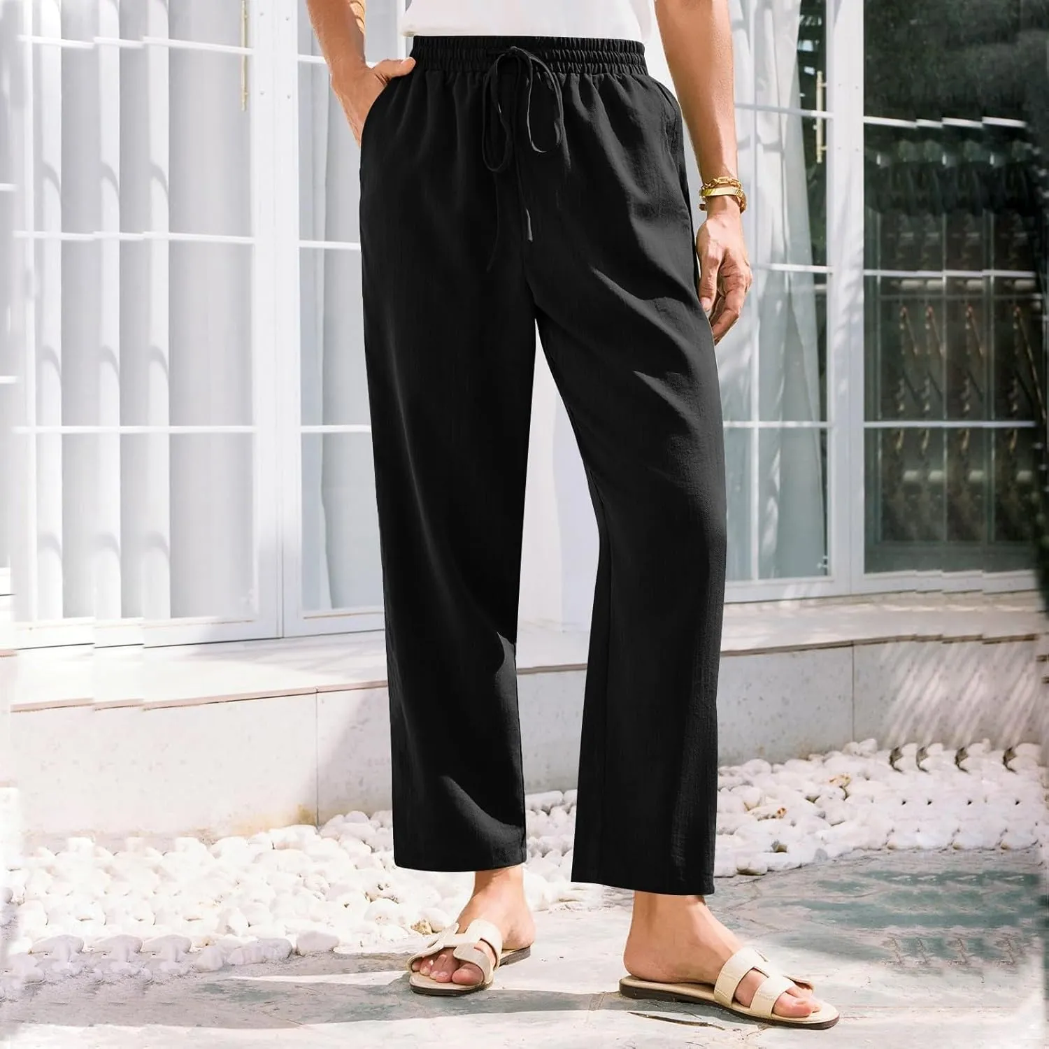 Cropped Linen Pants Women Summer Elastic Drawstring Waist Tapered Straight Leg Crop Pants Casual Beach Ankle Trousers