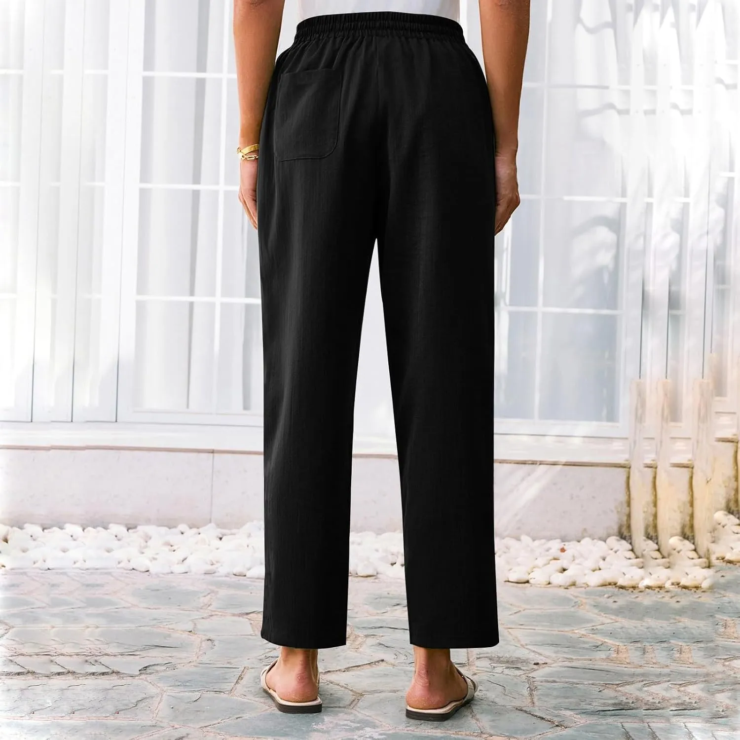 Cropped Linen Pants Women Summer Elastic Drawstring Waist Tapered Straight Leg Crop Pants Casual Beach Ankle Trousers