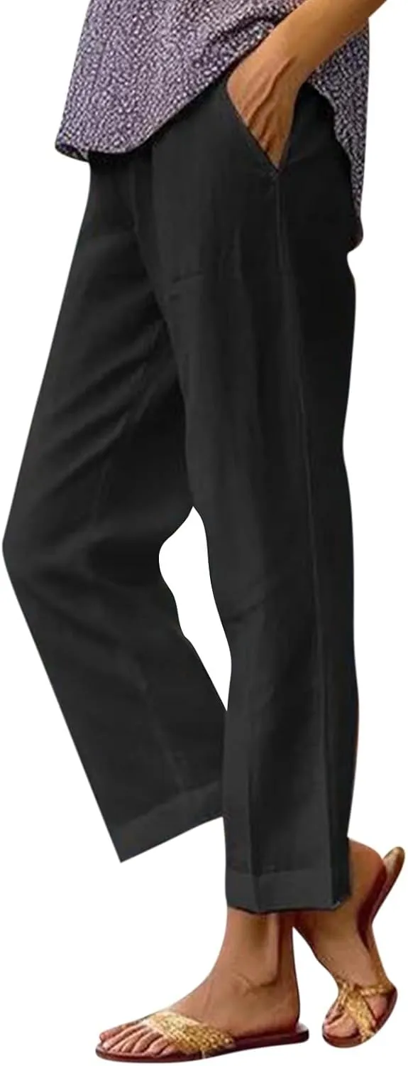 Cropped Linen Pants Women Summer Petite Plus Size Capri Pants Elastic Wide Leg Crop Pants Beach Trousers with Pockets
