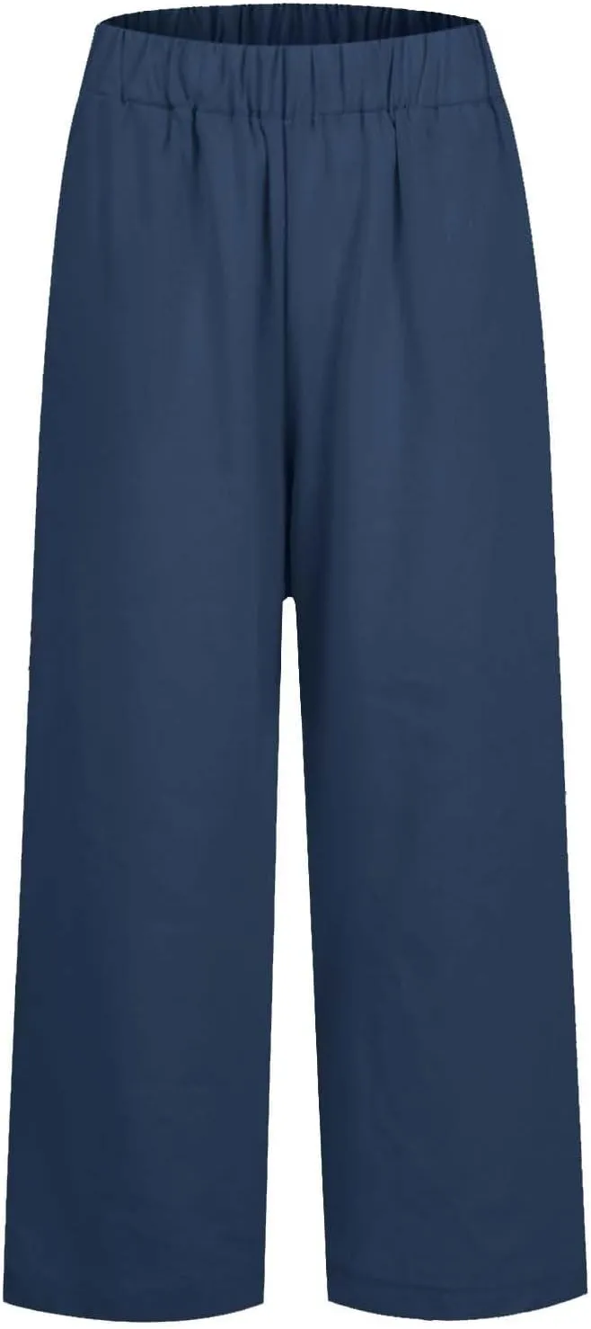 Cropped Linen Pants Women Summer Petite Plus Size Capri Pants Elastic Wide Leg Crop Pants Beach Trousers with Pockets