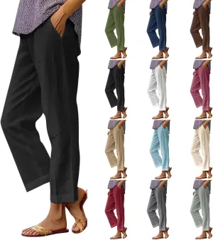 Cropped Linen Pants Women Summer Petite Plus Size Capri Pants Elastic Wide Leg Crop Pants Beach Trousers with Pockets