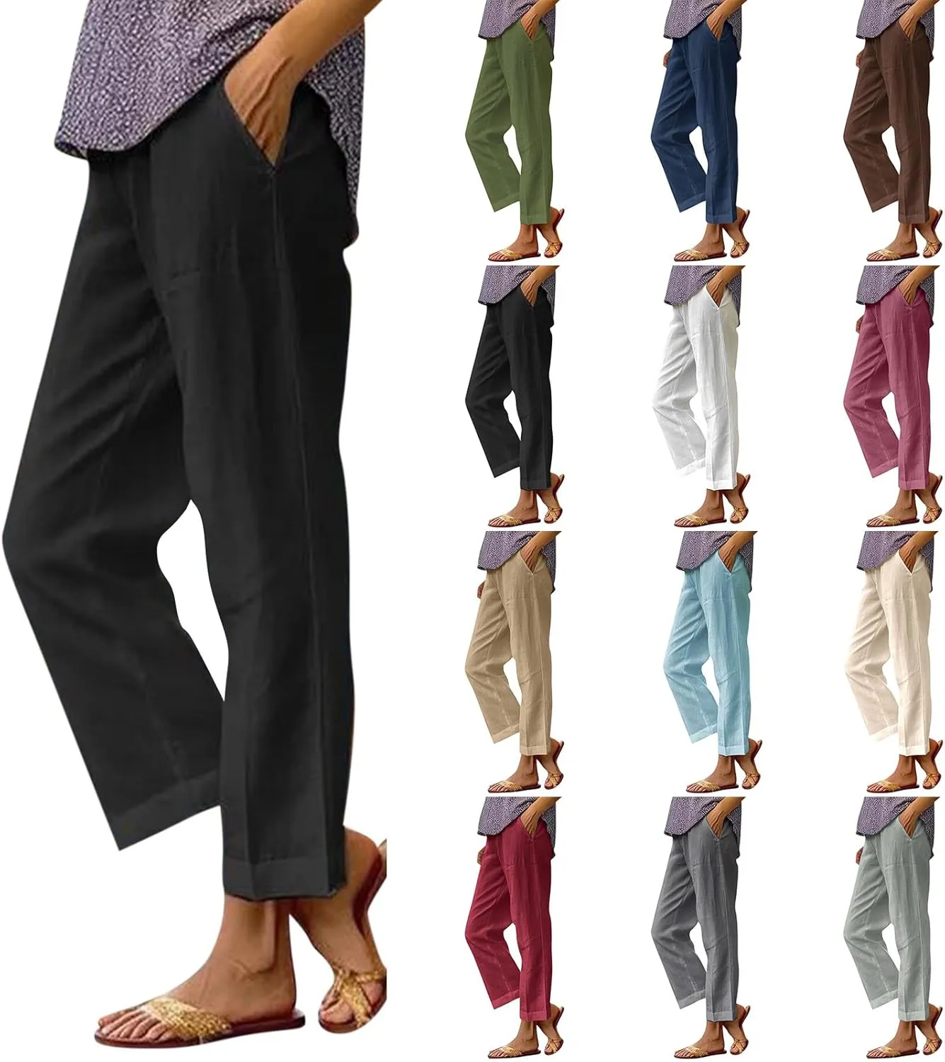 Cropped Linen Pants Women Summer Petite Plus Size Capri Pants Elastic Wide Leg Crop Pants Beach Trousers with Pockets