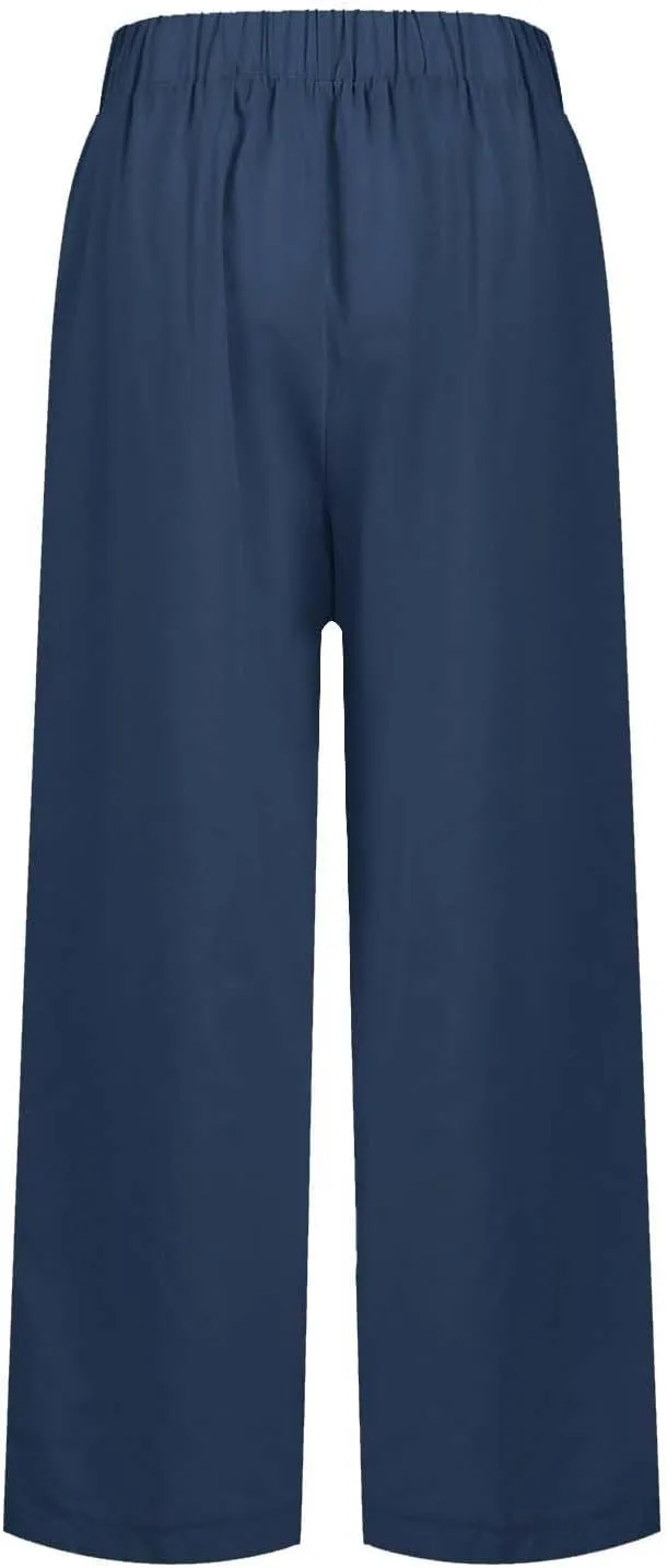Cropped Linen Pants Women Summer Petite Plus Size Capri Pants Elastic Wide Leg Crop Pants Beach Trousers with Pockets