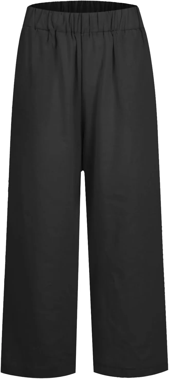 Cropped Linen Pants Women Summer Petite Plus Size Capri Pants Elastic Wide Leg Crop Pants Beach Trousers with Pockets
