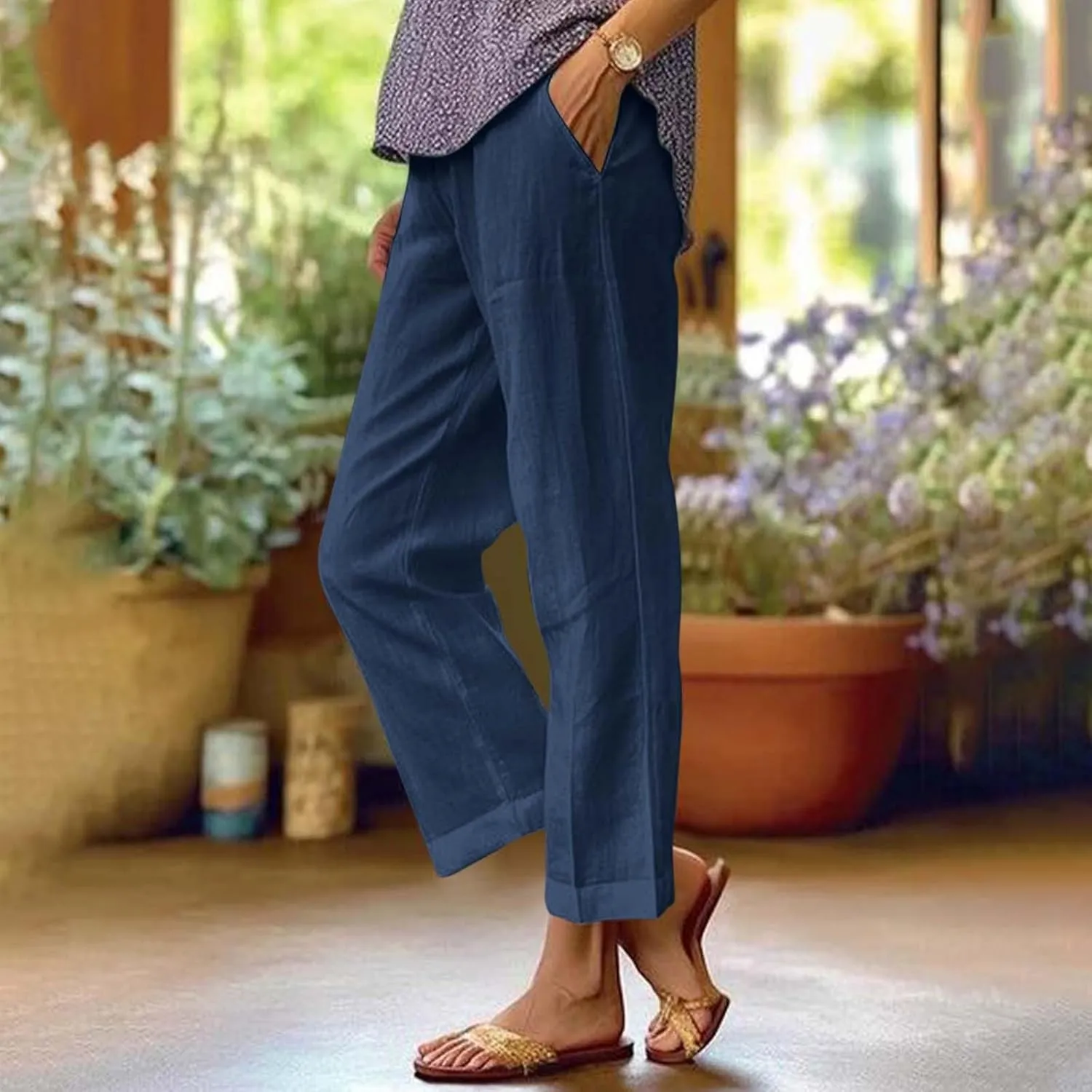 Cropped Linen Pants Women Summer Petite Plus Size Capri Pants Elastic Wide Leg Crop Pants Beach Trousers with Pockets