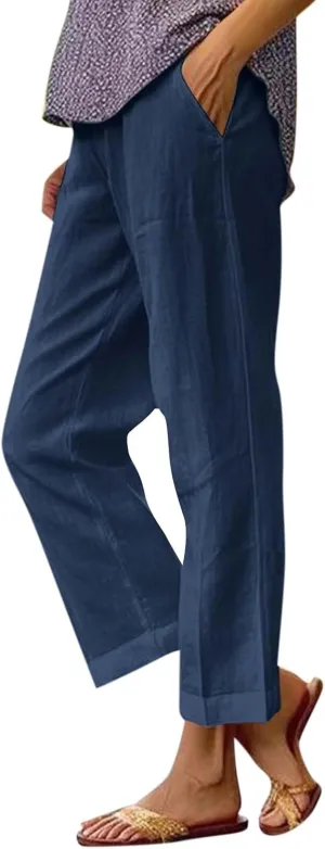 Cropped Linen Pants Women Summer Petite Plus Size Capri Pants Elastic Wide Leg Crop Pants Beach Trousers with Pockets