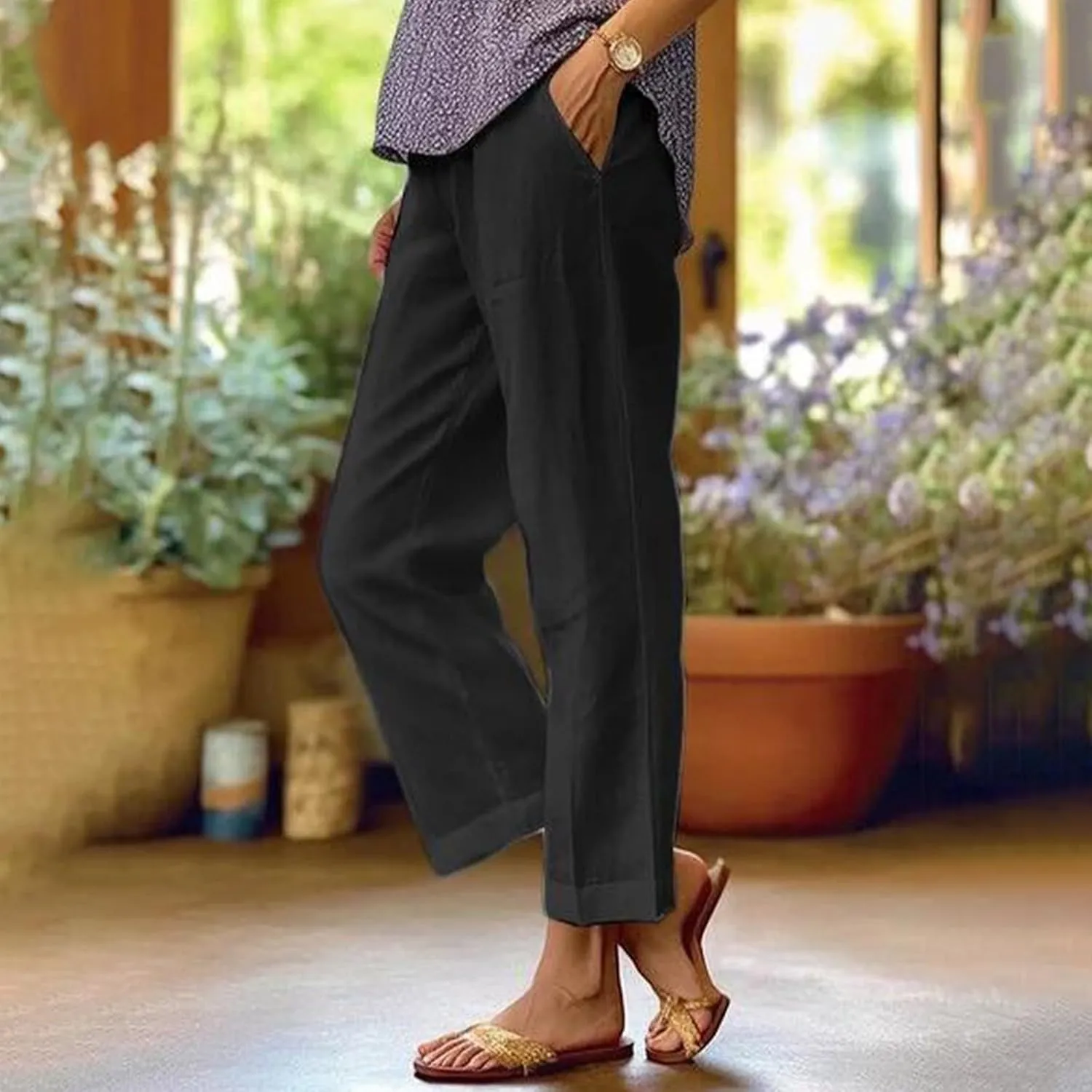 Cropped Linen Pants Women Summer Petite Plus Size Capri Pants Elastic Wide Leg Crop Pants Beach Trousers with Pockets