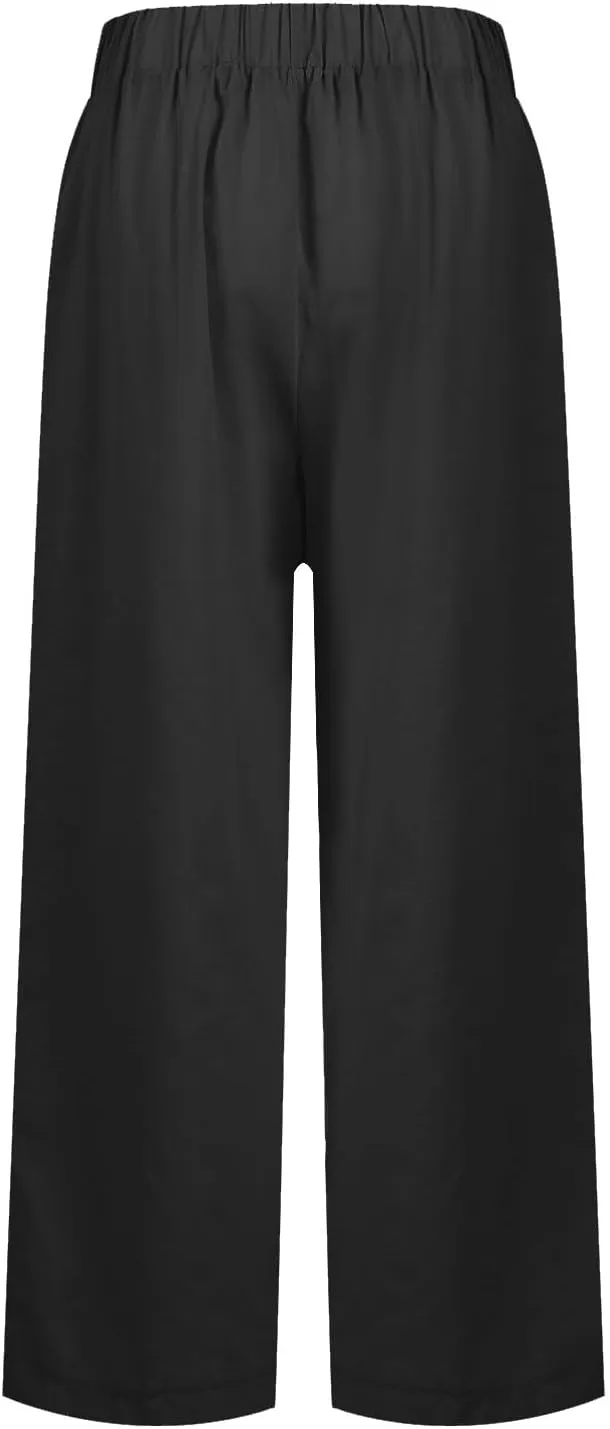 Cropped Linen Pants Women Summer Petite Plus Size Capri Pants Elastic Wide Leg Crop Pants Beach Trousers with Pockets