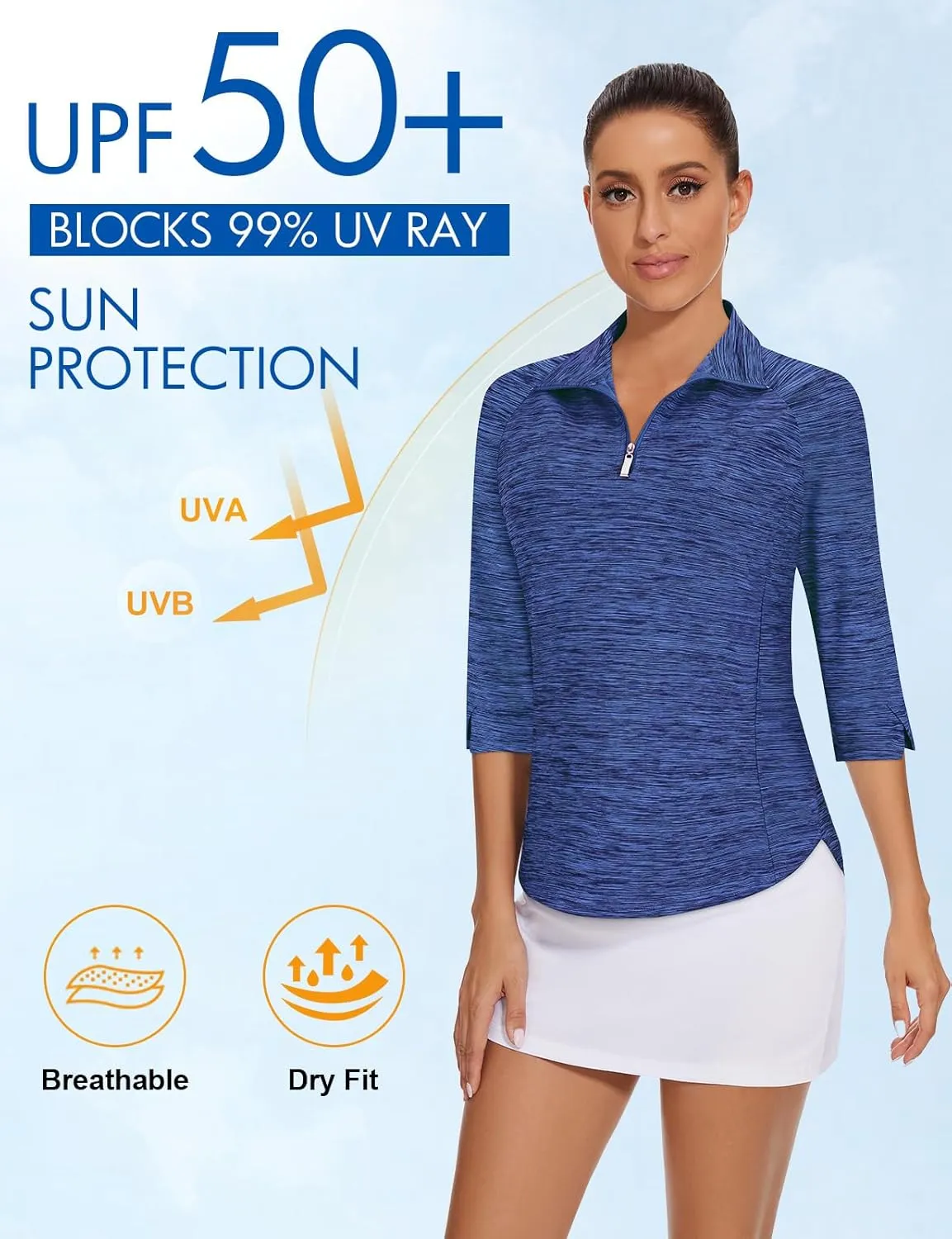 Cucuchy Style Womens Golf Shirt 3/4 Sleeve Quarter Zip Workout Tennis Tops Quick Dry UPF 50  Shirts