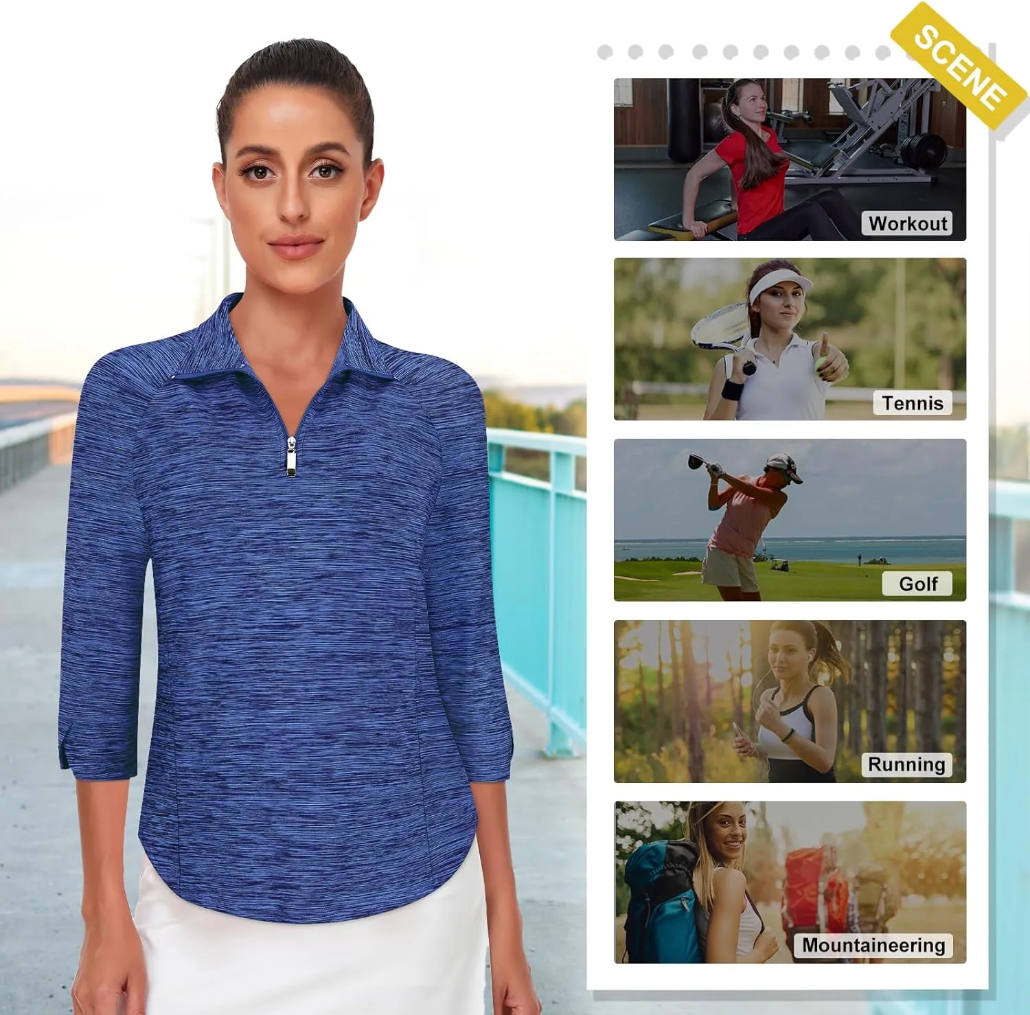 Cucuchy Style Womens Golf Shirt 3/4 Sleeve Quarter Zip Workout Tennis Tops Quick Dry UPF 50  Shirts