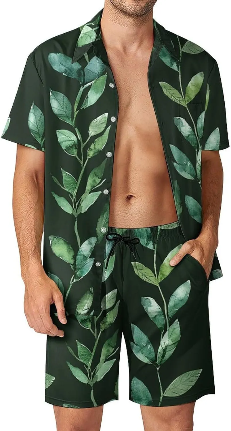 Dark Green Leaves Mens Swimsuit 2 Pieces Set Quick Dry Shorts Shirts Summer Button Down Short Sleeve Set